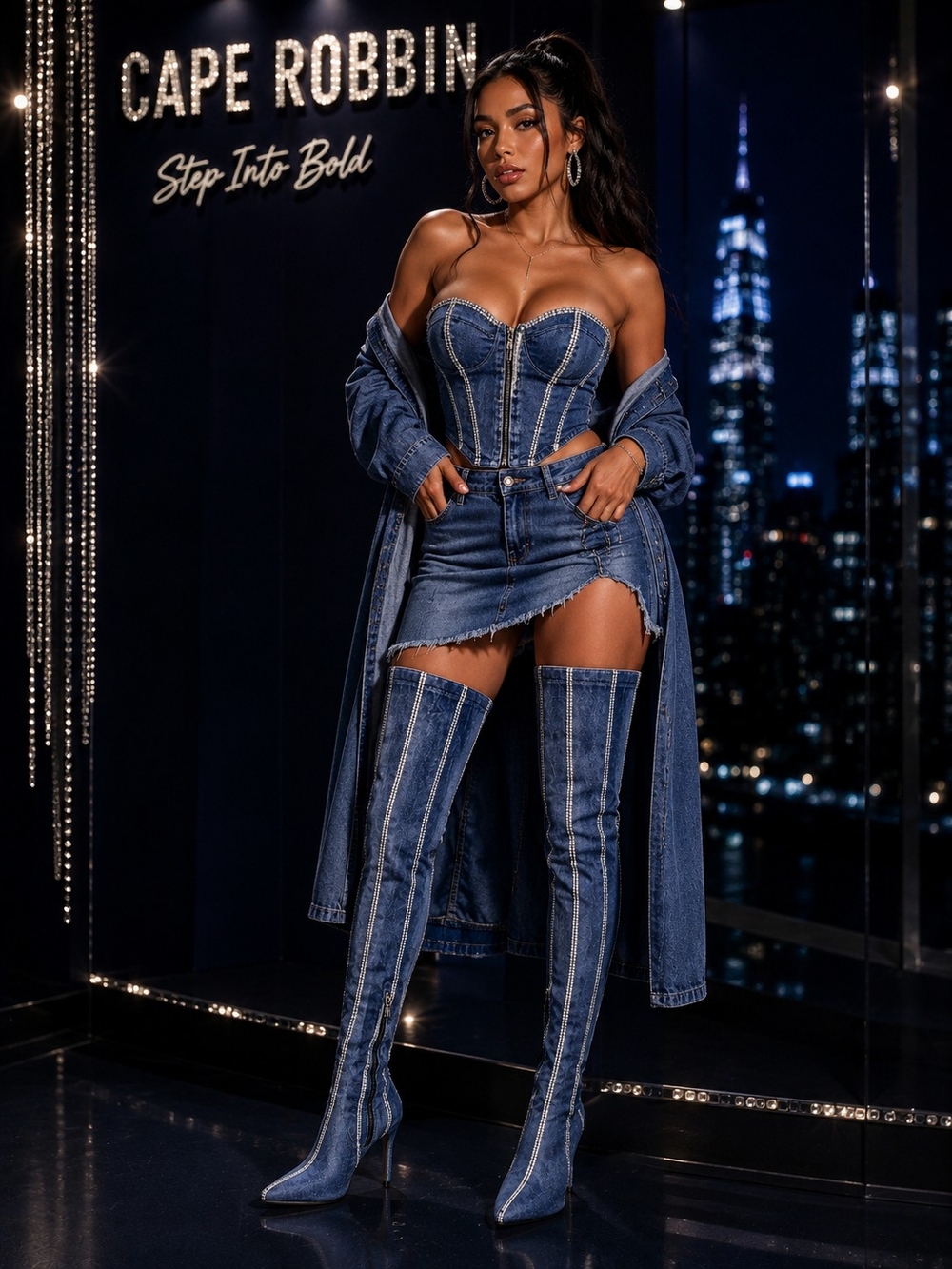 Hidenim Rhinestone Thigh High Stiletto Boots - Denim - Picture 2 of 9